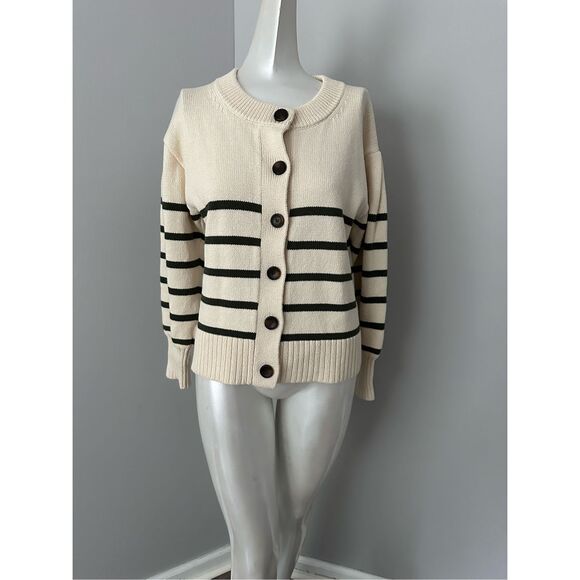 NWT Veronica Beard Kylin Stripe Button-Front Cotton Long Sleeve Cardigan Ecru XS - Picture 5 of 11